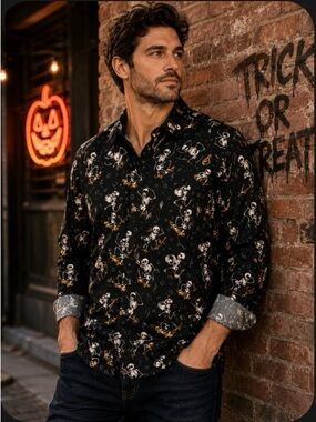 Simon Banks Halloween Skeleton Skateboard Button Down Shirt Long Sleeve Black L